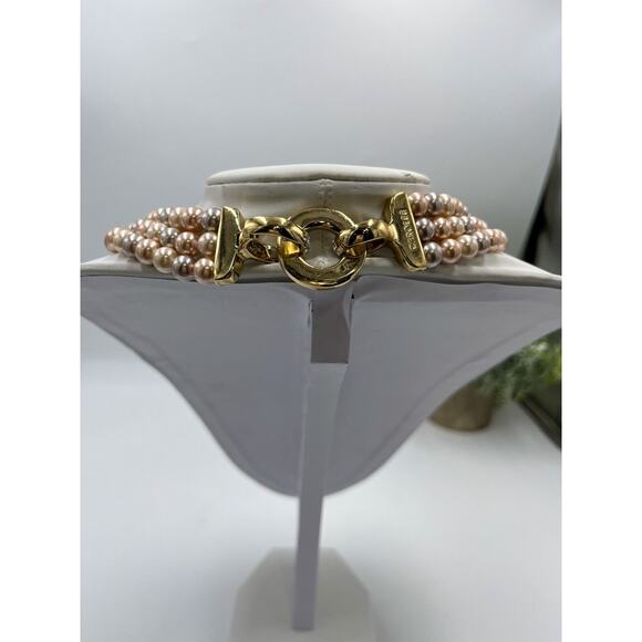 Carolee Three Strand Peach Gray Pearl Necklace Gold Tone Clasp With Pave Crystal - Picture 9 of 10